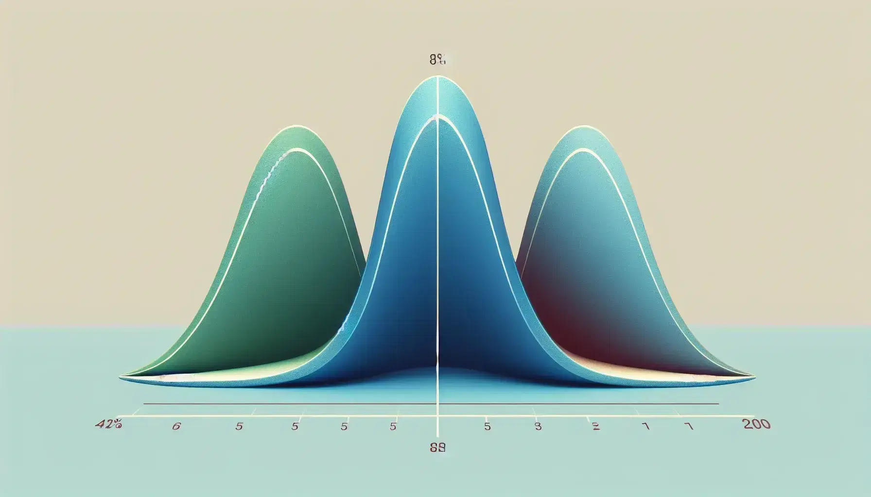 Three bell-shaped curves aligned on the same mean, varying in width and height, with colors blue, green, and red, representing different data distributions.