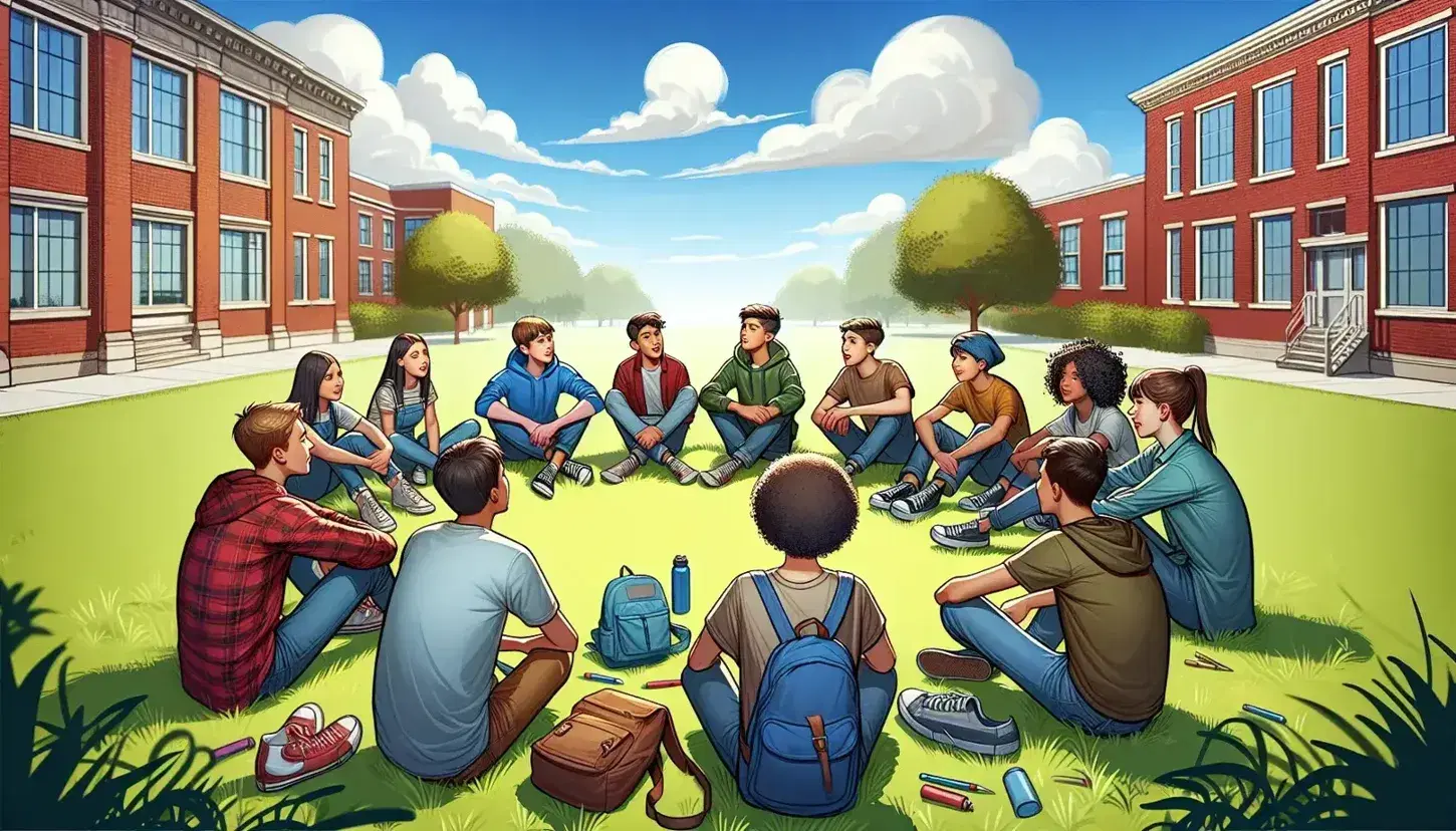 Group of multi-ethnic teenagers sitting in a circle on a lawn, having a lively conversation with backpacks and water bottles in the center, school background.
