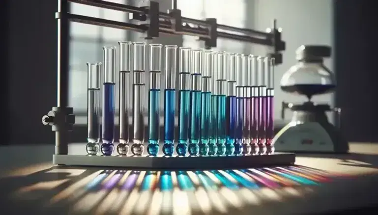 Serie di provette in vetro con liquidi colorati da azzurro a viola su banco laboratorio, effetto spettro cromatico, bilancia analitica sfocata sullo sfondo.