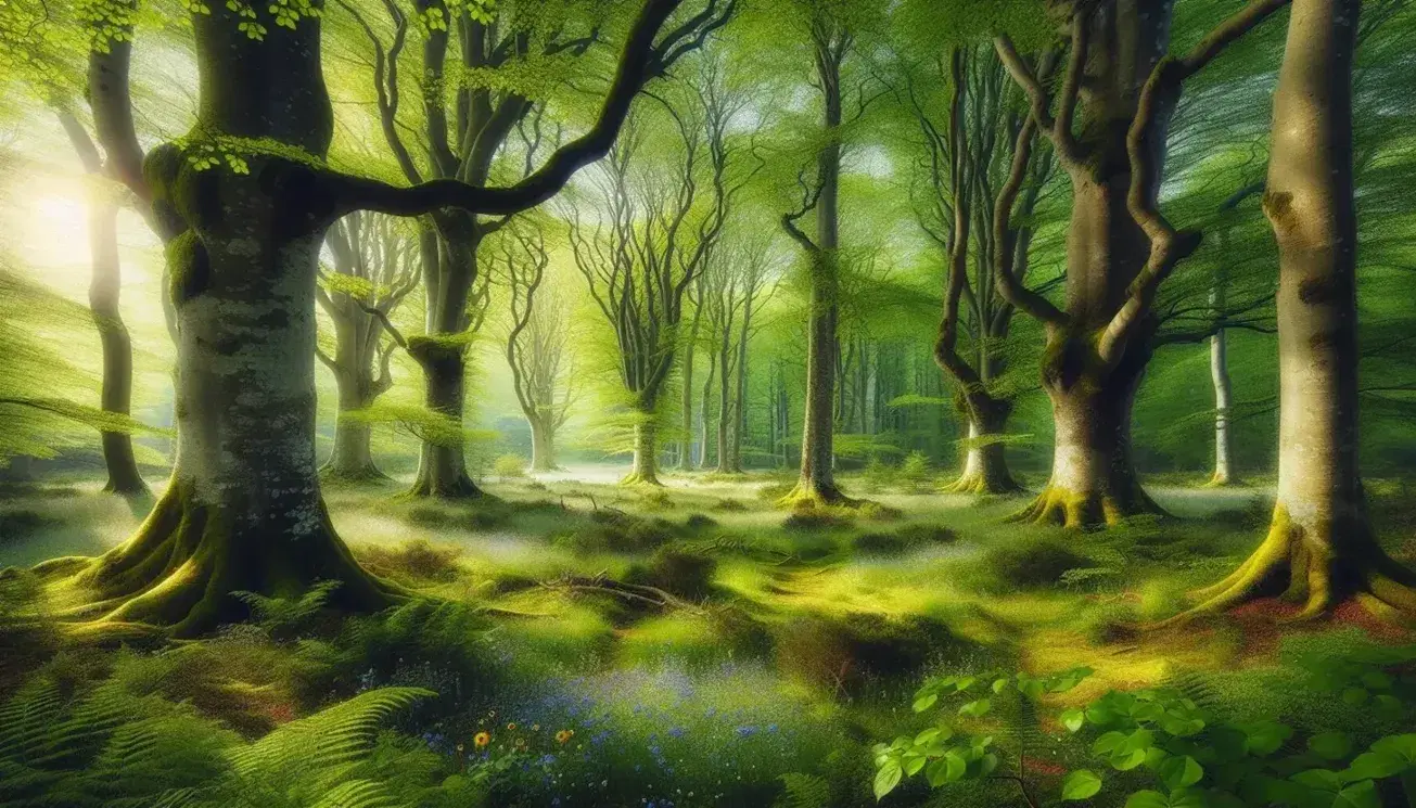 Serene forest glade with lush green canopies, vibrant wildflowers, and textured tree trunks bathed in dappled sunlight, exuding tranquility.
