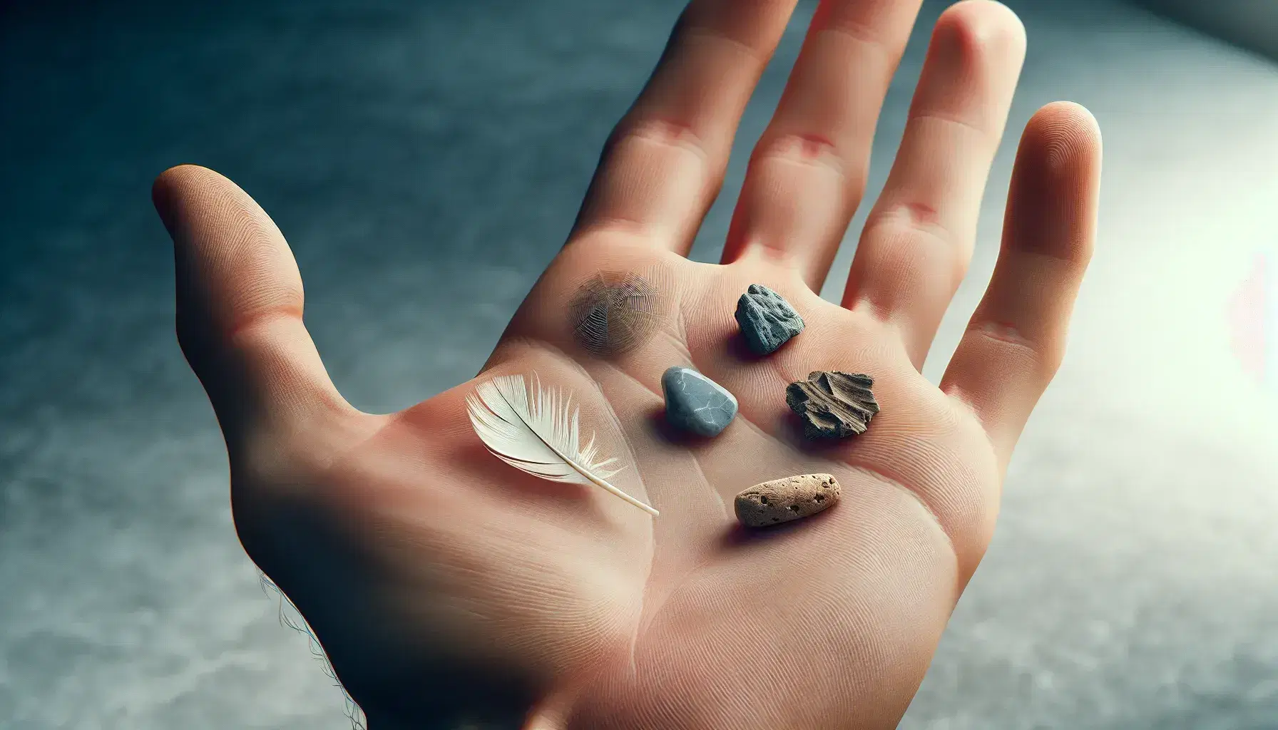 Mano aperta con oggetti vari sulle dita: piuma sul pollice, sasso sull'indice, corteccia sul medio, sughero sull'anulare e tessuto sul mignolo.