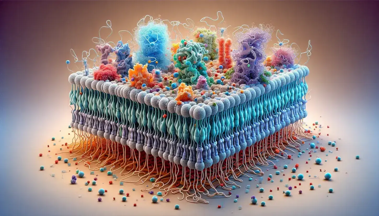 Membrana celular con bicapa lipídica y proteínas incrustadas, esferas representan el entorno acuoso y filamentos de carbohidratos sobresalen.