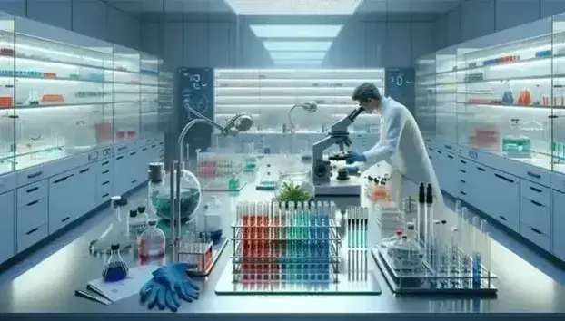 Laboratorio di ricerca moderno con strumenti scientifici, microscopio, viali colorati e ricercatore in camice che analizza una petri dish.