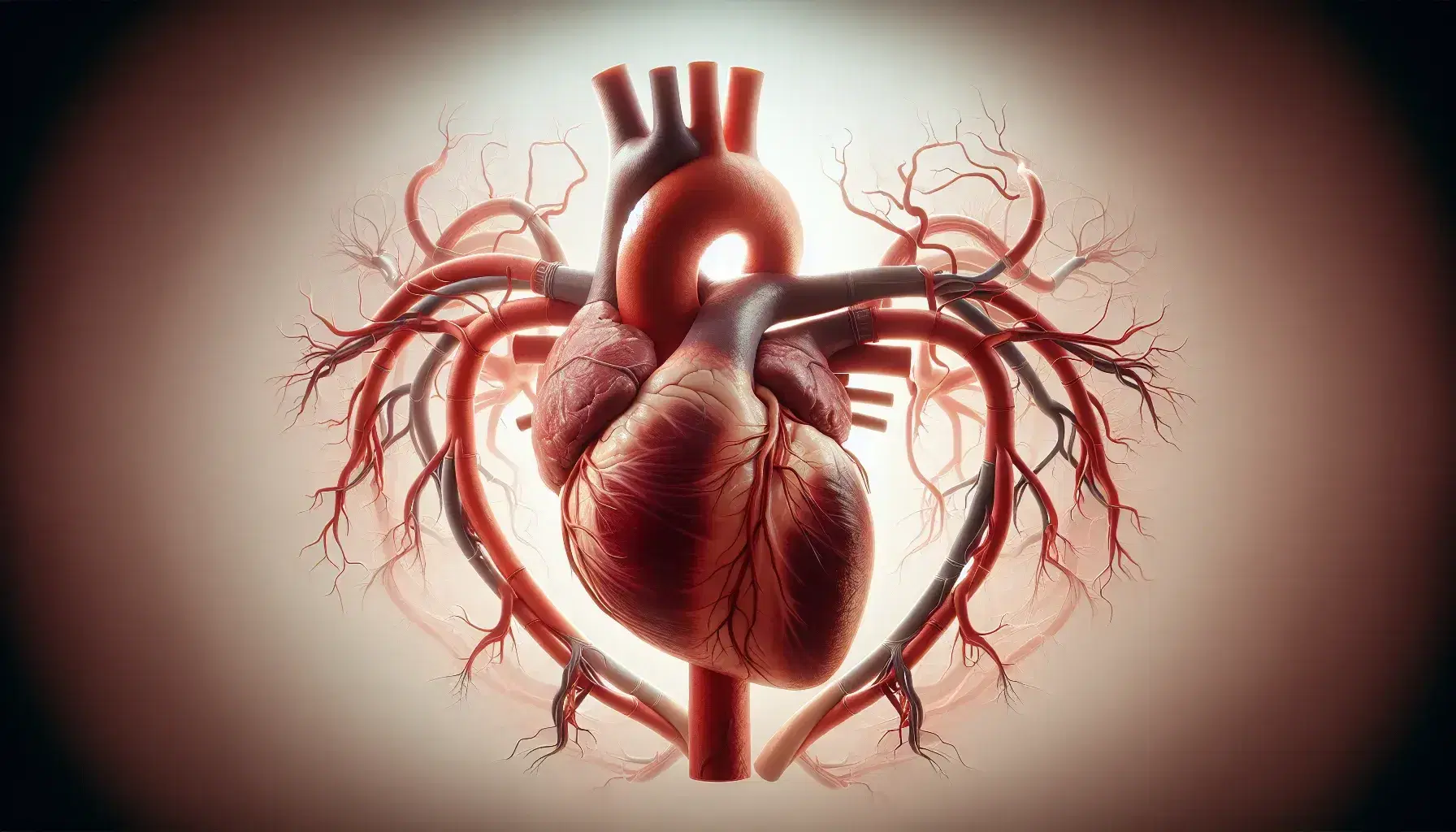 Corazón humano realista rodeado de arterias y venas principales, destacando la arteria pulmonar, la aorta y la vena cava en un fondo neutro.
