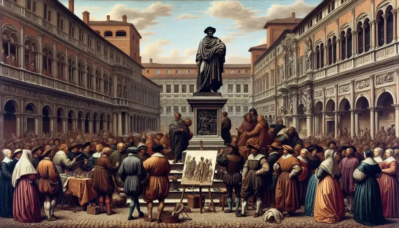 Plaza renacentista con estatua de bronce, personas en atuendos de época, edificios ornamentados, pintor con caballete y mesa con instrumentos de medición.