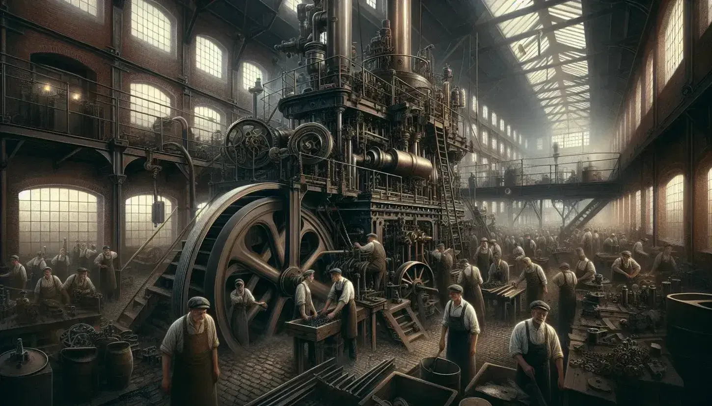 Scena di fabbrica durante la Rivoluzione Industriale con operai attorno a un grande motore a vapore in funzione.