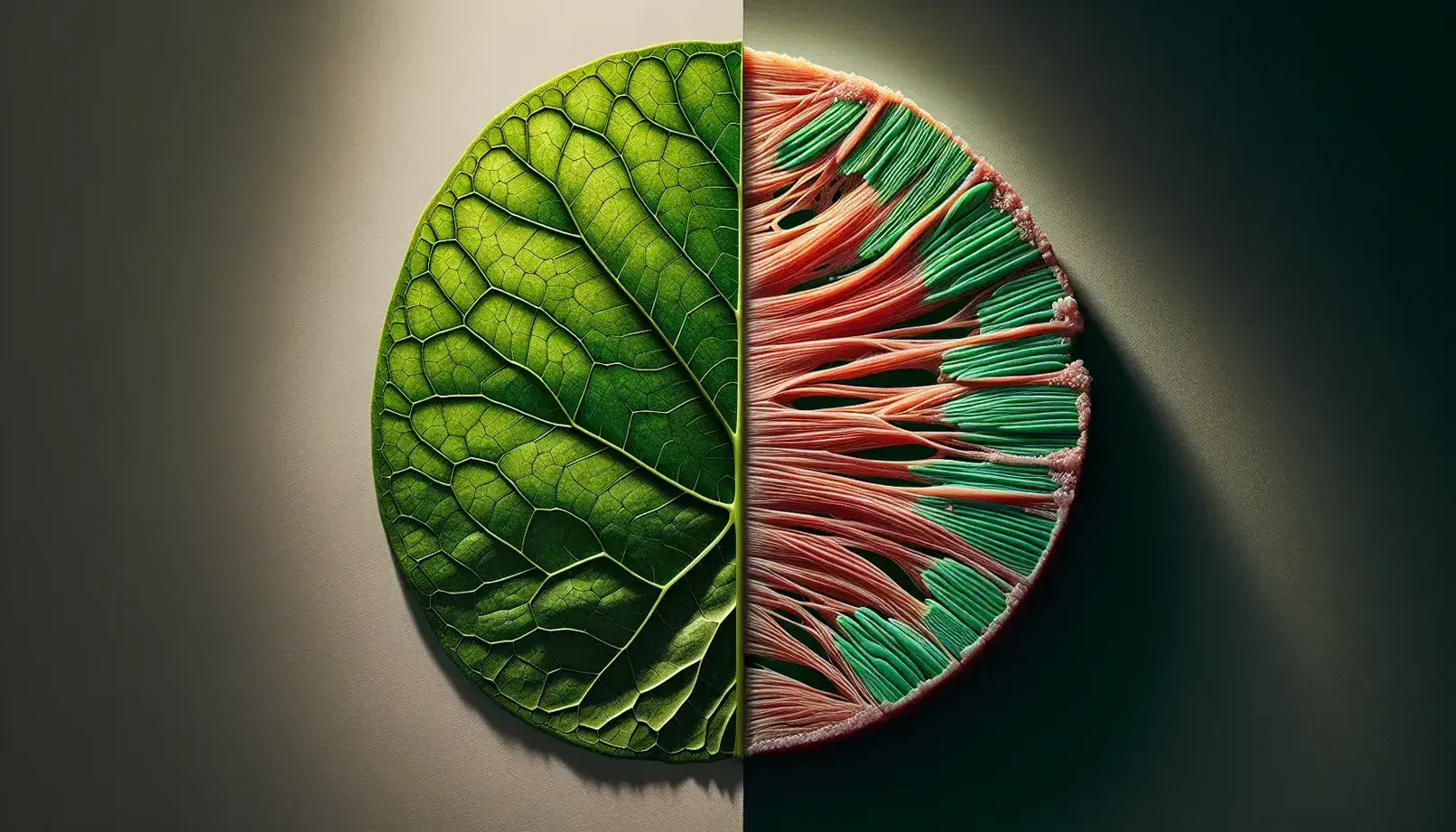 Foglia verde con venature evidenti accanto a tessuto muscolare striato rosato, rappresentazione cellulare pianta-animale.