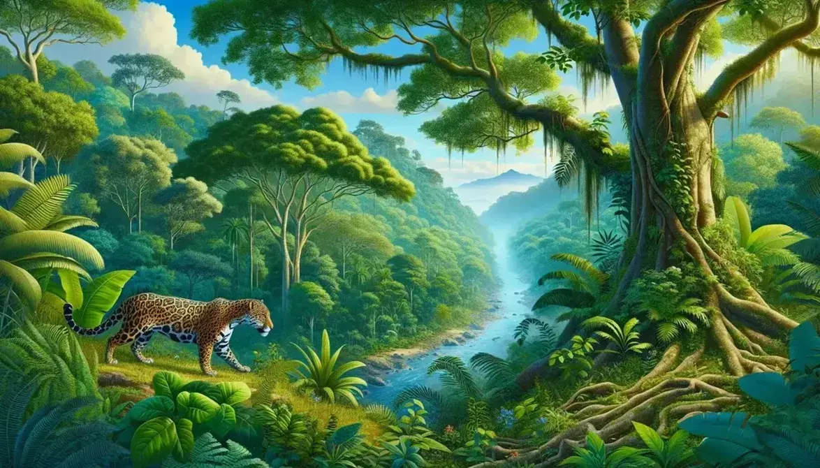 Selva tropical mexicana con jaguar camuflado entre la vegetación, árboles frondosos y río serpenteante reflejando la luz solar.