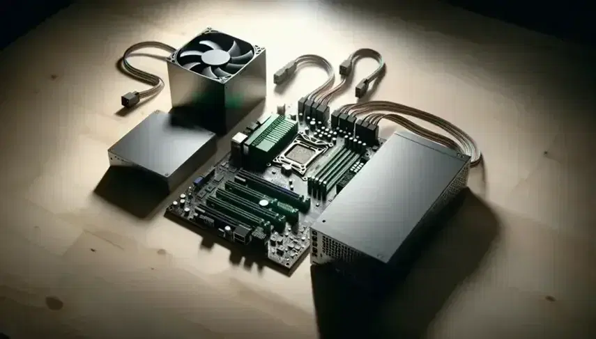 Vista aérea de un escritorio con componentes de computadora, incluyendo una placa base verde, un procesador metálico y una fuente de poder negra con cables de colores, junto a una unidad óptica.