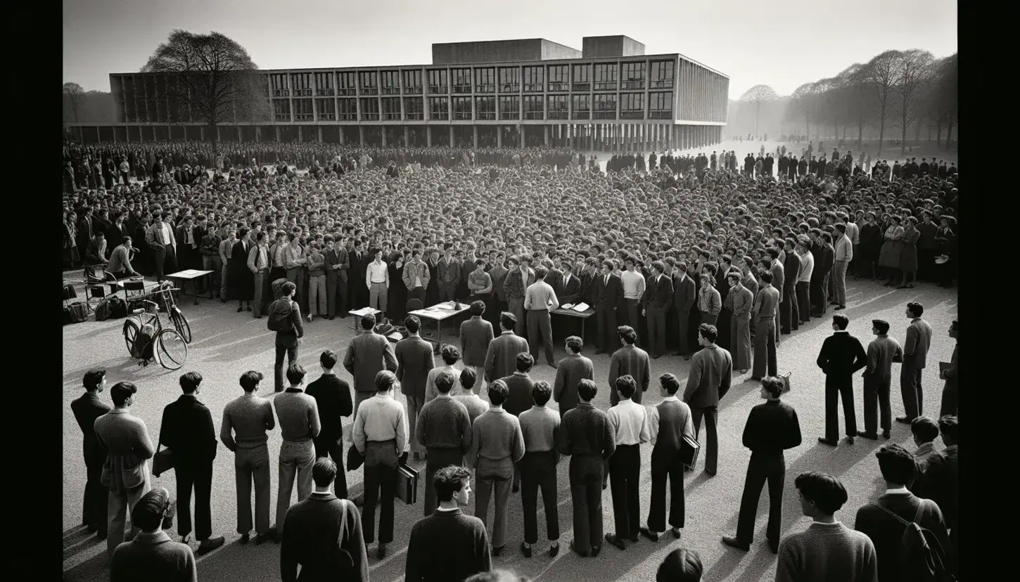 Estudiantes atentos en una concentración universitaria al aire libre, con un grupo sosteniendo una pancarta grande en una plaza rodeada de edificios modernos y árboles.