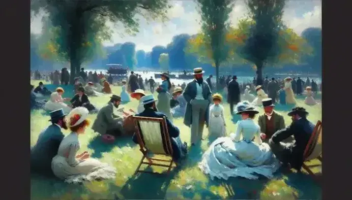 Escena impresionista de personas vestidas de época disfrutando de un parque soleado, con juegos de luz y sombra entre árboles y reflejos en un estanque.