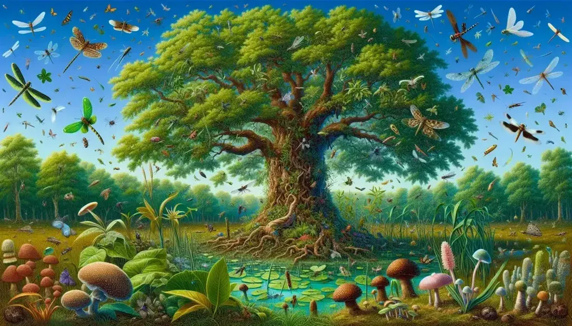 Ecosistema terrestre con albero frondoso, funghi, stagno con piante acquatiche, libellule, uccelli in volo e coccinella su erba.