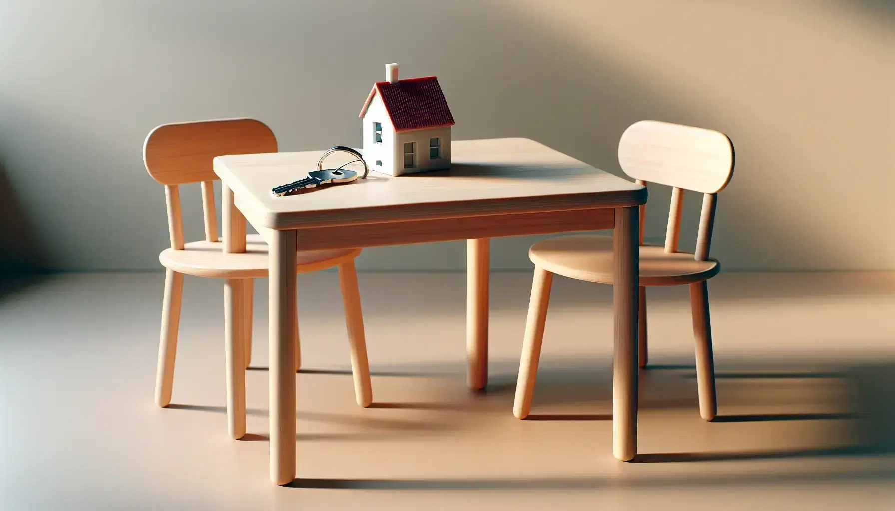 Mesa de madera clara con modelo de casa blanca y techo rojo junto a un juego de llaves metálicas, en un entorno neutro y bien iluminado.