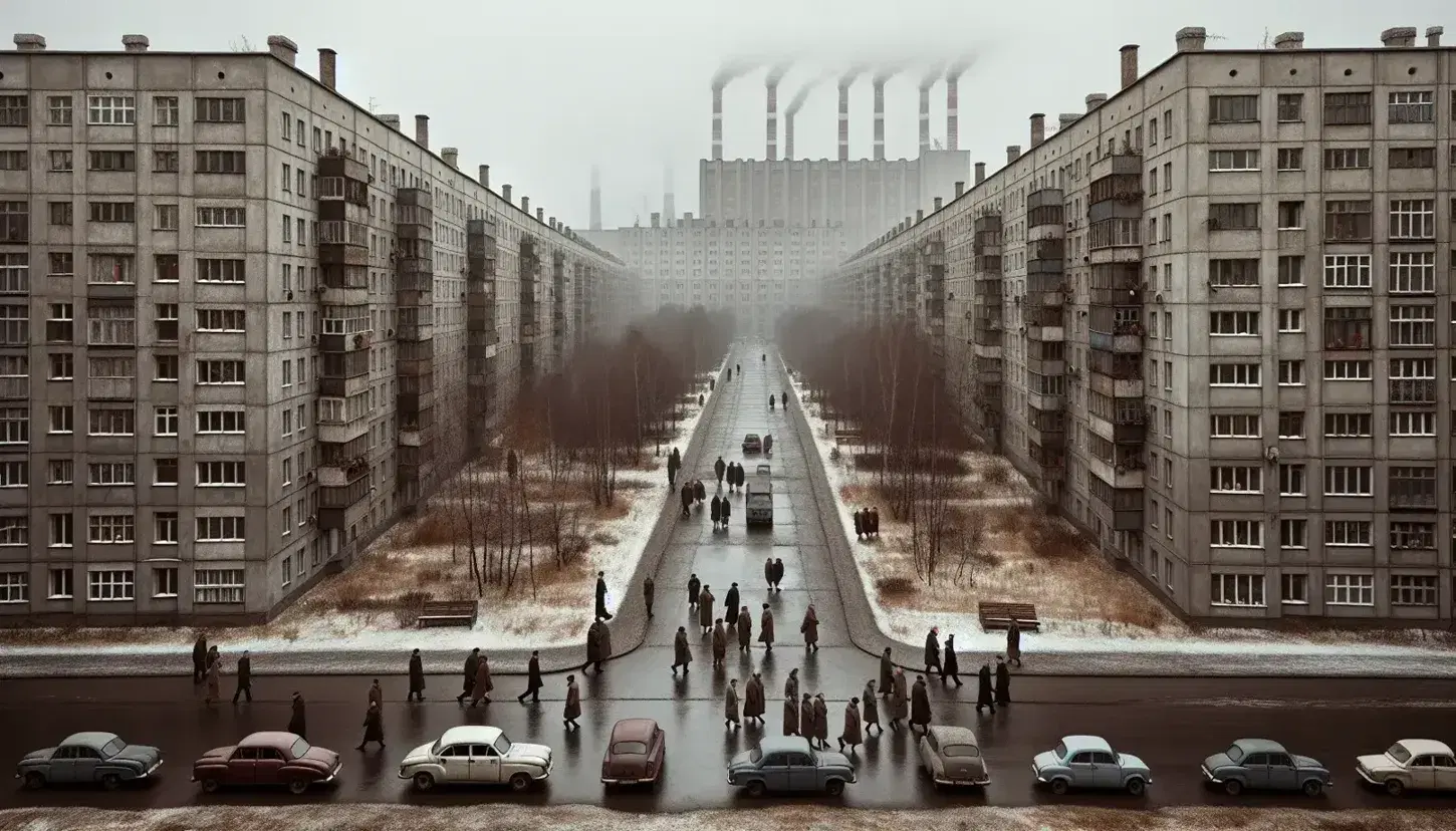 Cold War-era Eastern Bloc cityscape with residents in winter clothes, stark concrete buildings, vintage cars on a wide street, and a smokestack factory background.