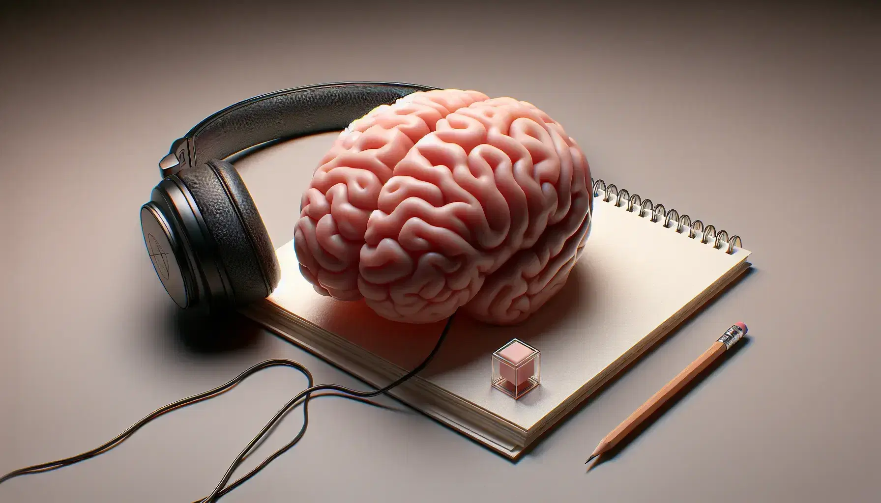 Detailed model of human brain with modern black headphones and notebook with pencil on neutral background, transparent cube hanging above.