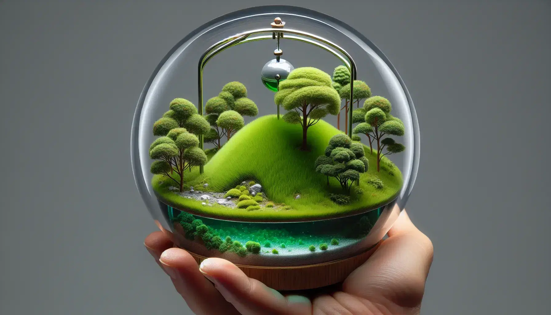 Hand holding a glass sphere with a miniature landscape featuring a green hill, trees, a blue pond, and a suspended metallic pendulum.