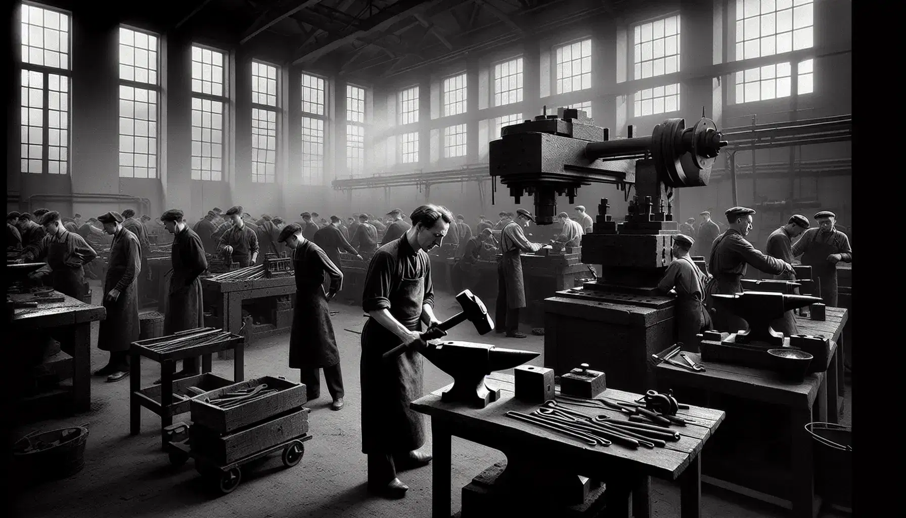 Operai in fabbrica degli anni '30 lavorano attorno a incudine con martello e macchinari industriali, in un ambiente illuminato da grandi finestre.