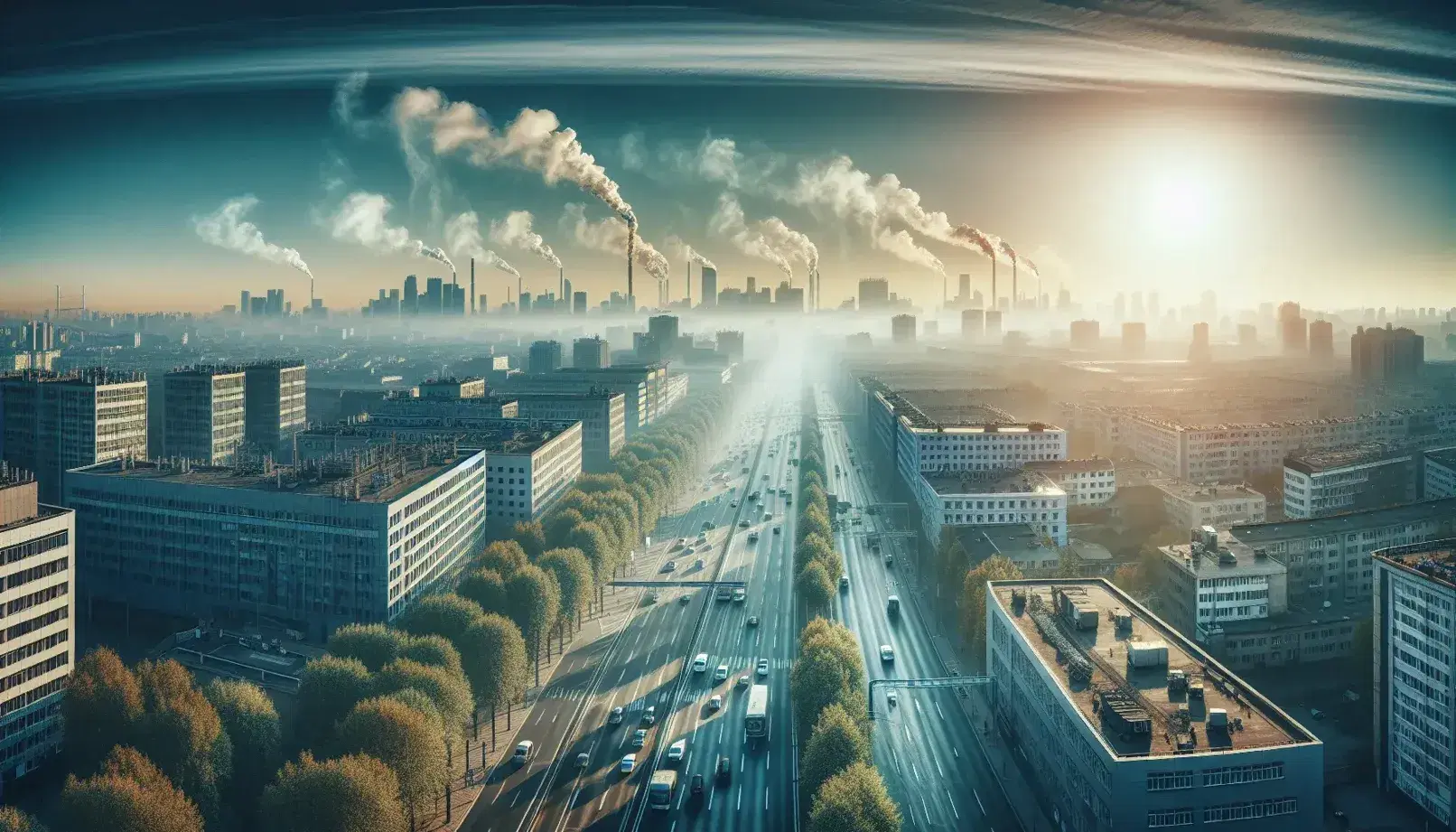 Vista panorámica urbana con edificios, carretera con vehículos emitiendo humo y árboles, bajo un cielo degradado indicativo de contaminación aérea.