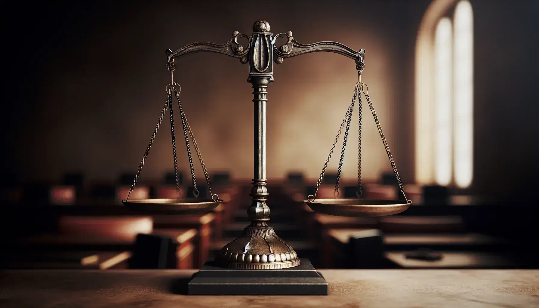 Bilancia antica in equilibrio con piatti vuoti in metallo lucido su sfondo sfocato che evoca un'aula di tribunale.