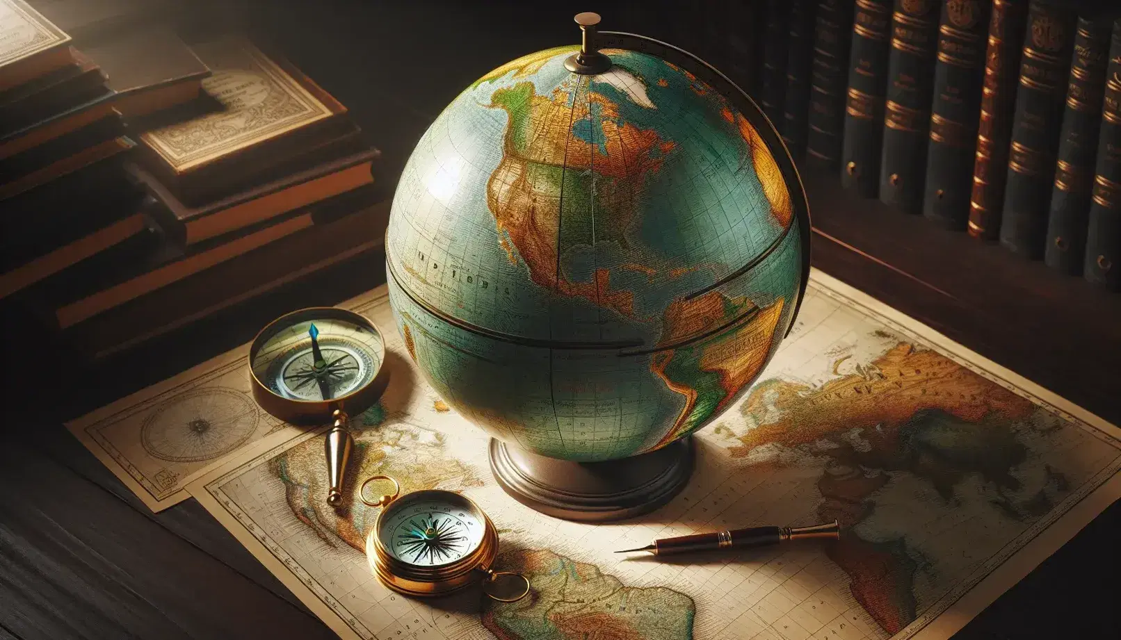 Mappamondo fisico con rilievi montuosi e oceani su tavolo scuro, accanto a bussola metallica e lente d'ingrandimento su mappa cartografica.