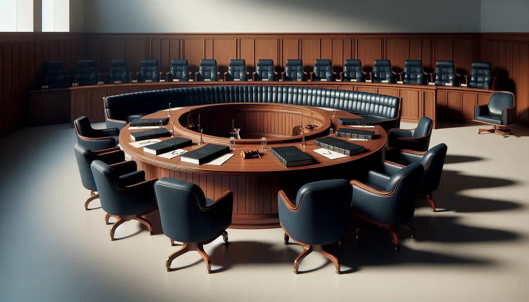 Quiet courtroom with semicircular mahogany bench, chairs with dark blue upholstery, table with law books and jug of water.