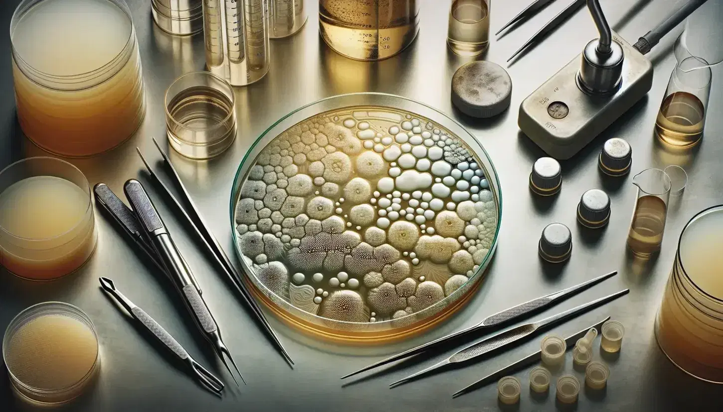 Close-up view of a Petri dish with bacterial colonies on a lab bench, surrounded by tweezers, a pipette, and an inoculating loop, near an incubator.