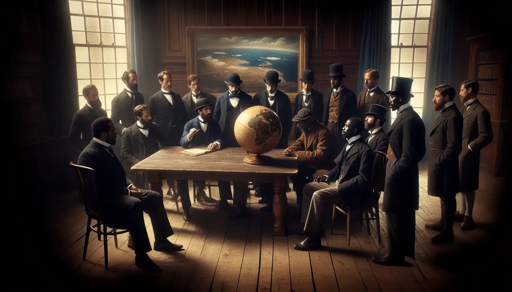 Early 20th-century diverse group of men in period attire engaged in a discussion around a label-free globe in a well-lit, solemn room with landscape paintings.