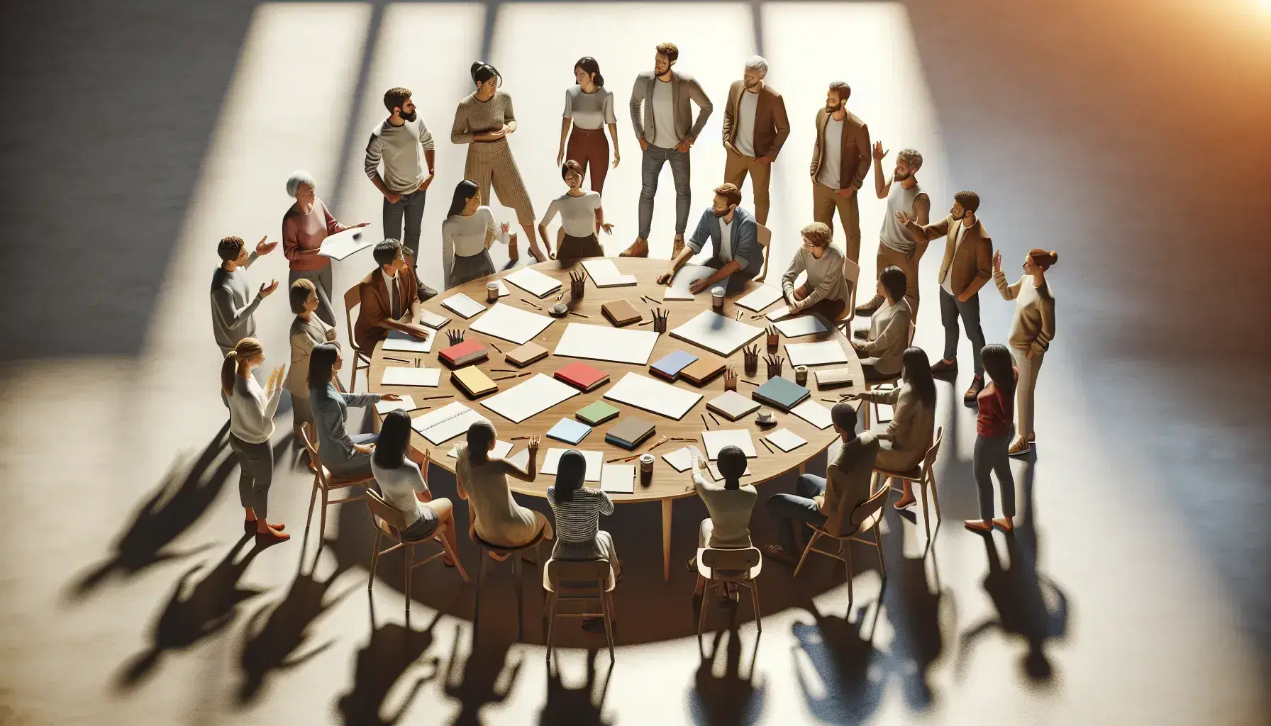 Grupo multicultural de personas en animada discusión alrededor de una mesa redonda con papeles y libros en un ambiente iluminado y acogedor.
