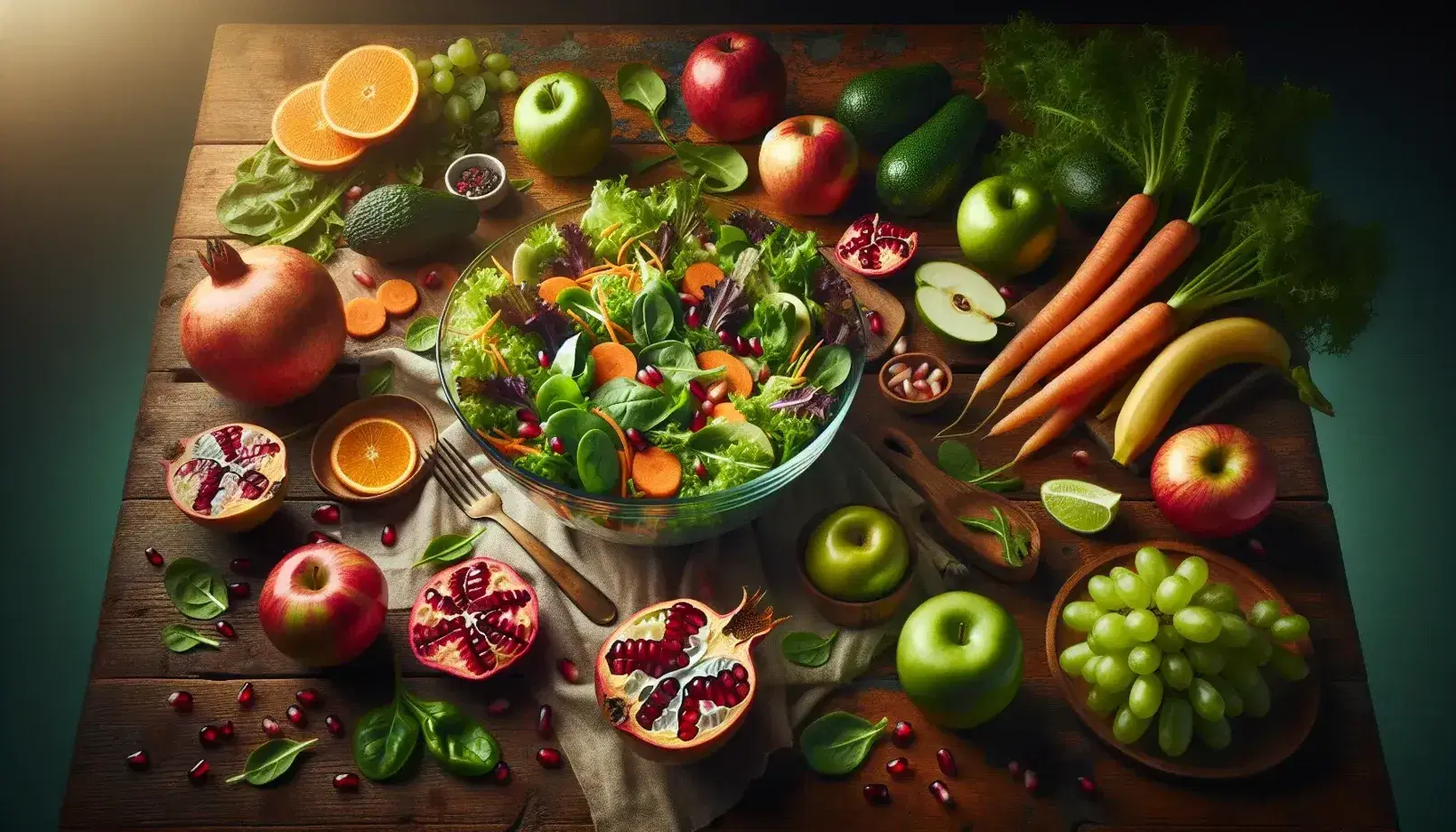 Composizione fotografica di frutta e verdura fresca su tavolo in legno con insalata mista in ciotola di vetro, carote, uva, mele, banane e peperone rosso.