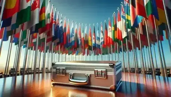 Metallic briefcase on a polished table with a semi-circle of blurred national flags on poles fluttering in the wind against a clear blue sky.