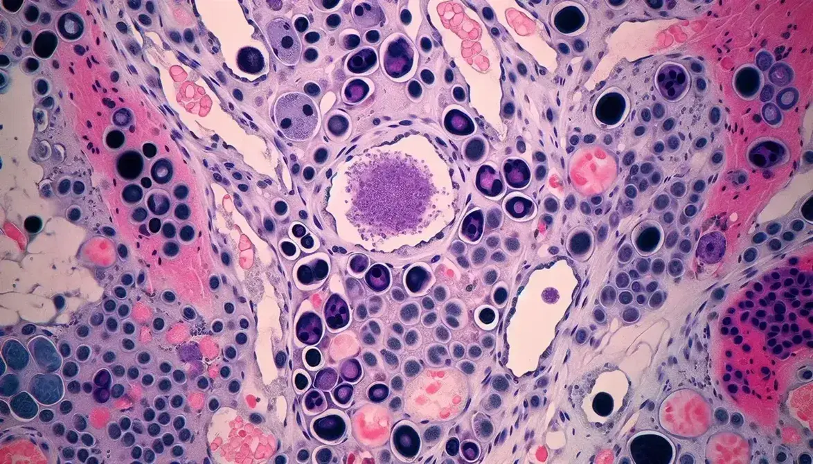 Vista microscópica de tejido de médula ósea humana mostrando células en distintas etapas de maduración con tinción en tonos rosas y morados.