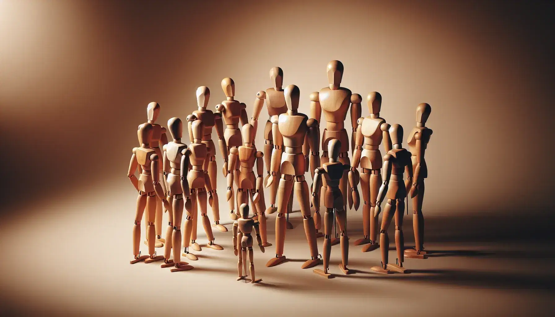 Figuras de maniquíes articulados de madera en diversas poses que simulan interacción social, con una figura central más grande rodeada por figuras menores en un fondo sólido.