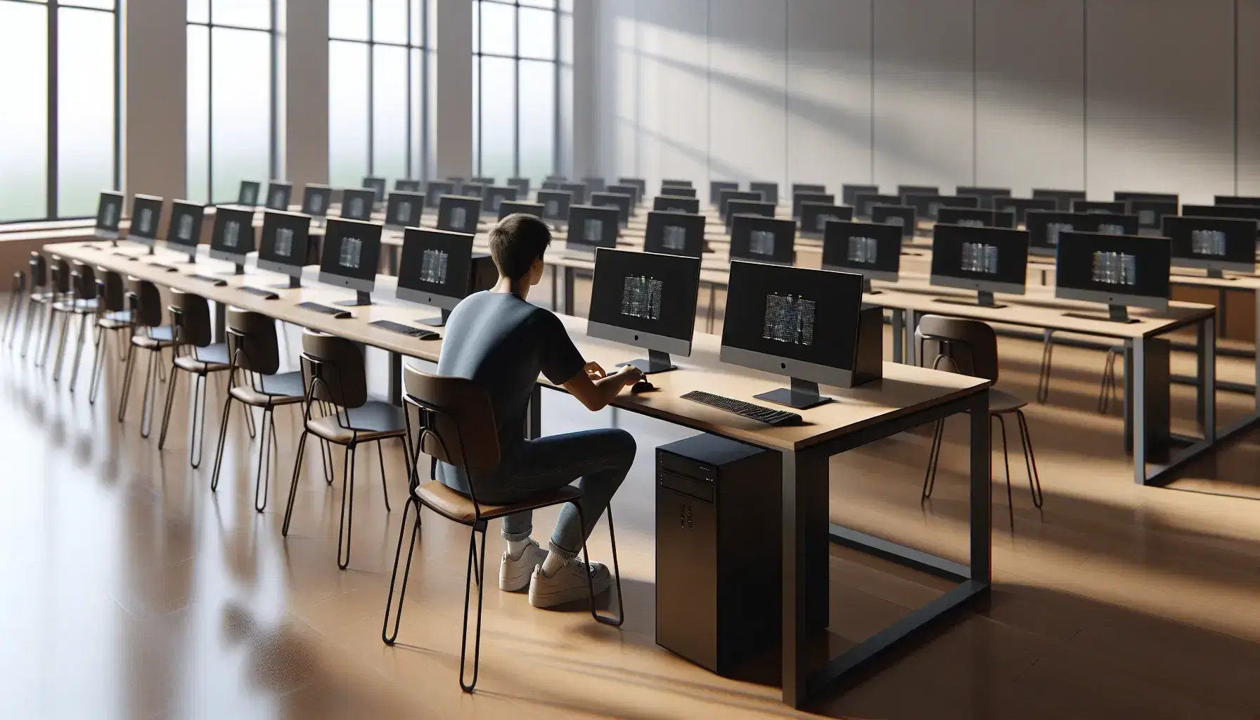 Modern computer lab with rows of black computers on wooden tables, person sitting from behind and green plant.