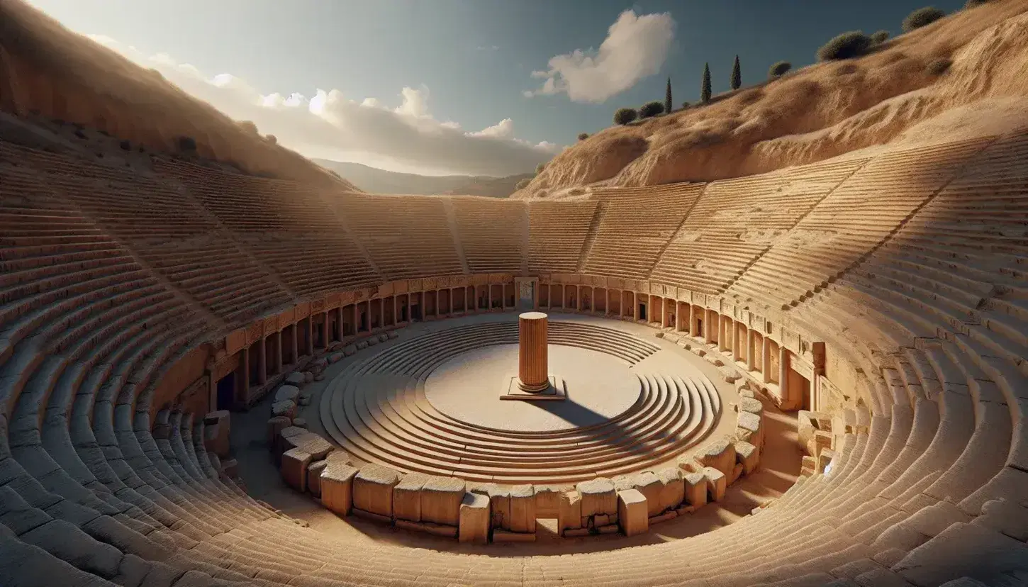 Ancient Greek theater with semi-circular stone seating, central stone altar, and skene backdrop under a clear blue sky, surrounded by Mediterranean flora.