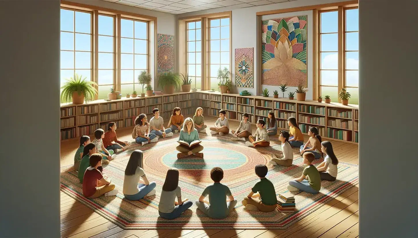 Maestra leyendo un libro a estudiantes atentos sentados en semicírculo en un aula luminosa con decoraciones coloridas y plantas verdes.