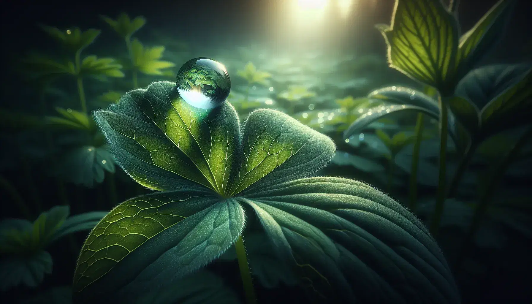 Gota de agua resplandeciente en la punta de una hoja verde con textura veteada, rodeada de vegetación desenfocada en un entorno natural.