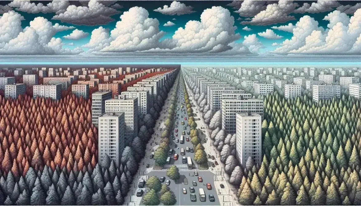 Paesaggio urbano con edifici e strade si fonde in una foresta rigogliosa sotto un cielo azzurro con nuvole bianche e sfumature di inquinamento atmosferico.