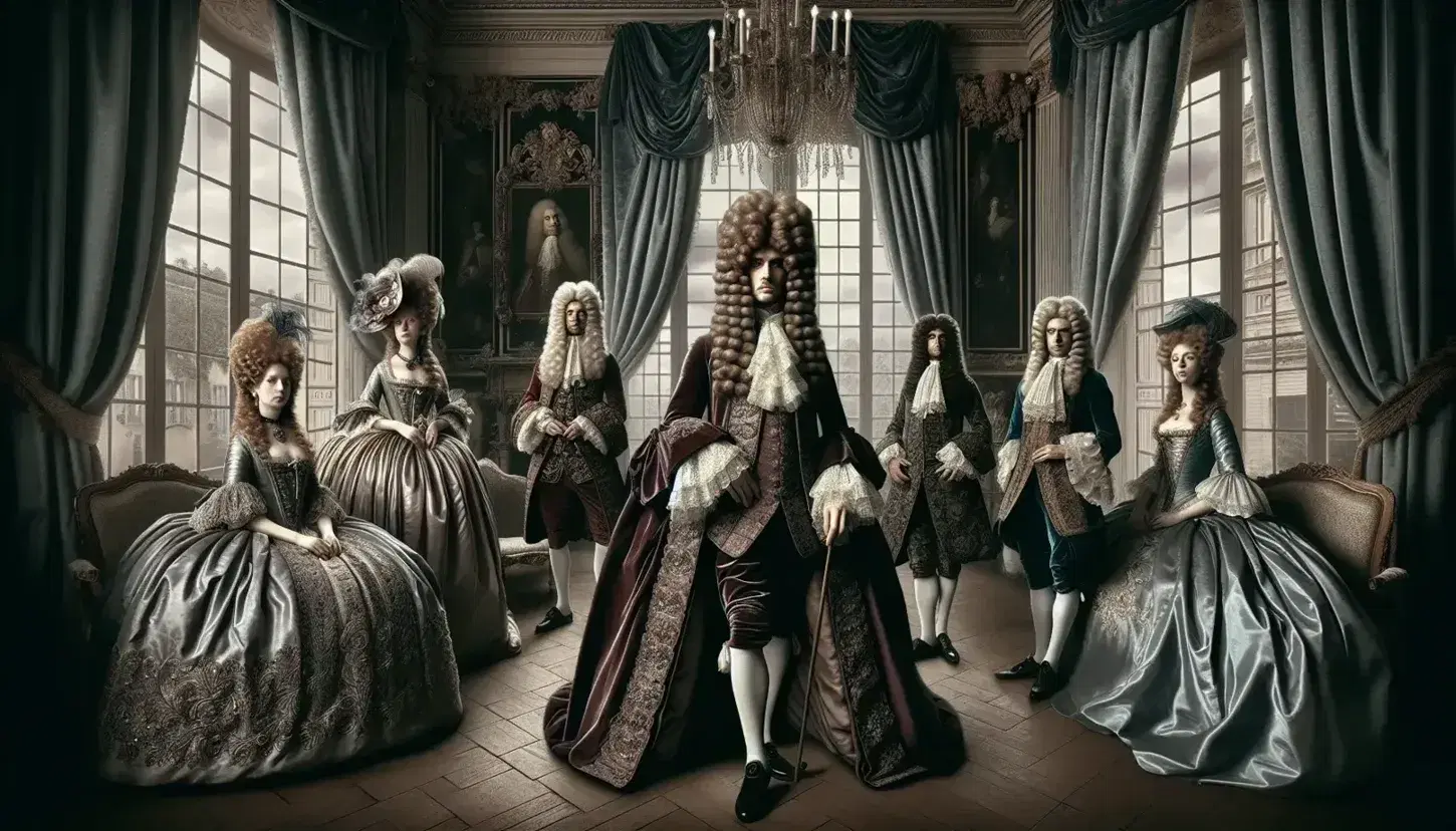17th-century French salon with five individuals in period attire, including a man in a burgundy velvet coat and a woman in a blue dress with silver floral patterns.
