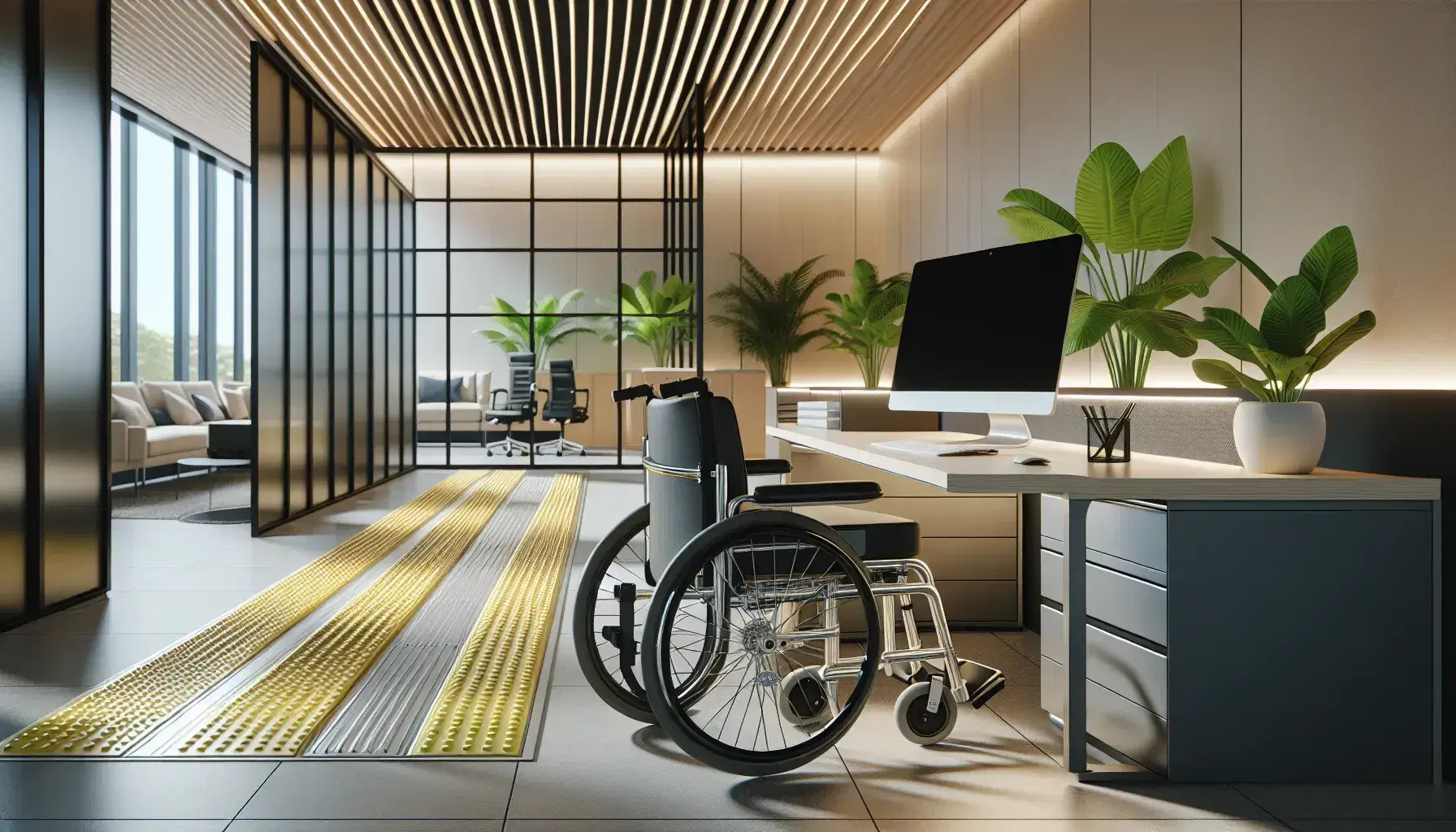 Wheelchair accessible modern office with adjustable desk, computer, yellow touch path and open glass door.