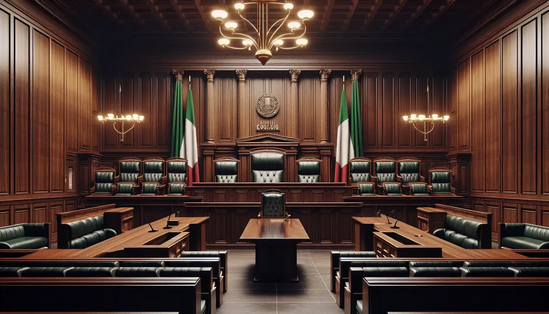 Aula di tribunale italiana vuota con scrivania del giudice in legno scuro, banchi per avvocati, sedute in pelle verde e bandiera italiana.
