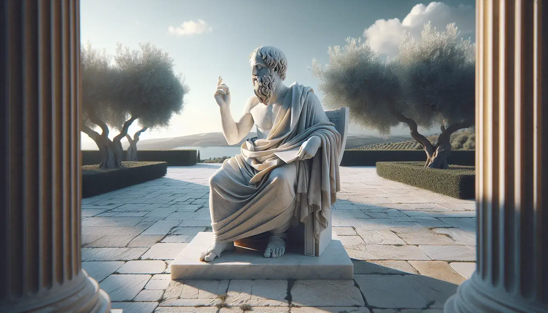 Statua in marmo di Platone con toga e pergamena, mano alzata verso il cielo, su sfondo paesaggio mediterraneo con ulivi e colline.