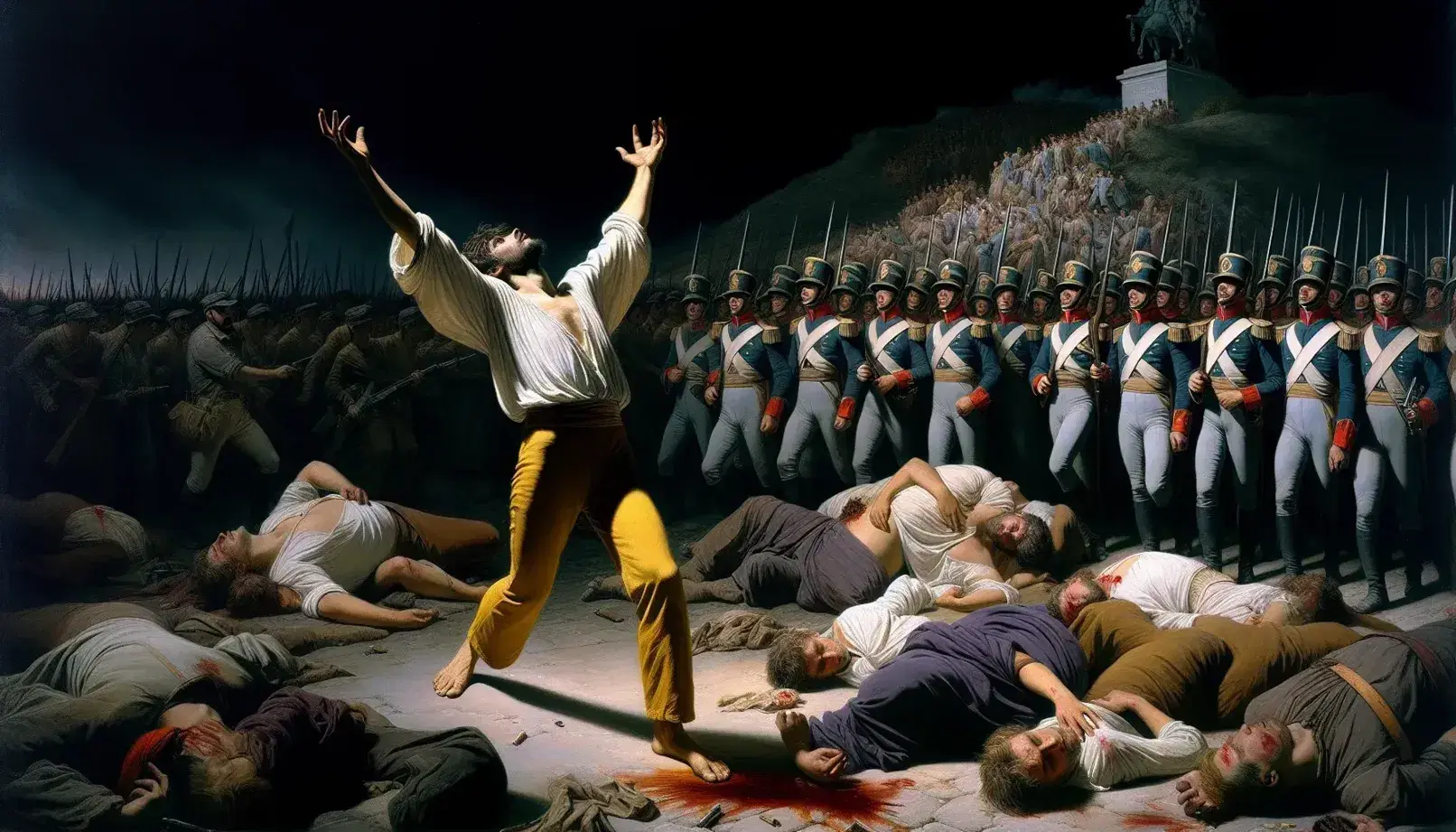 Recreación del cuadro 'El tres de mayo de 1808 en Madrid' de Goya, mostrando a un hombre con los brazos en alto y soldados apuntando a civiles caídos.