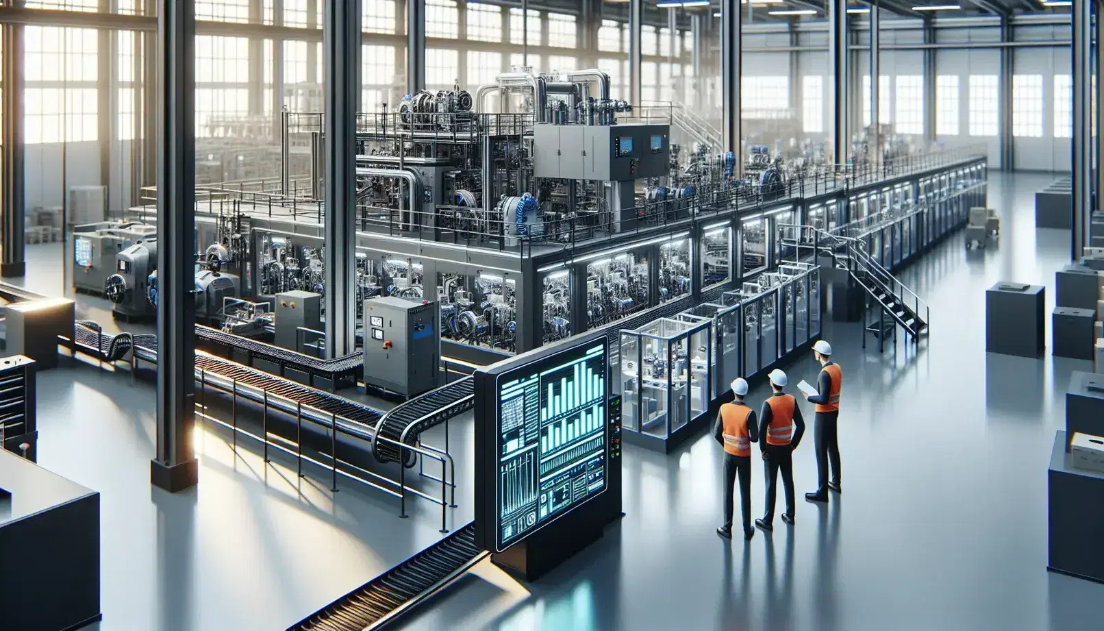 Planta industrial moderna con maquinaria automatizada y cintas transportadoras, trabajadores con cascos y chalecos reflectantes discutiendo operaciones y pantalla táctil con gráficos.