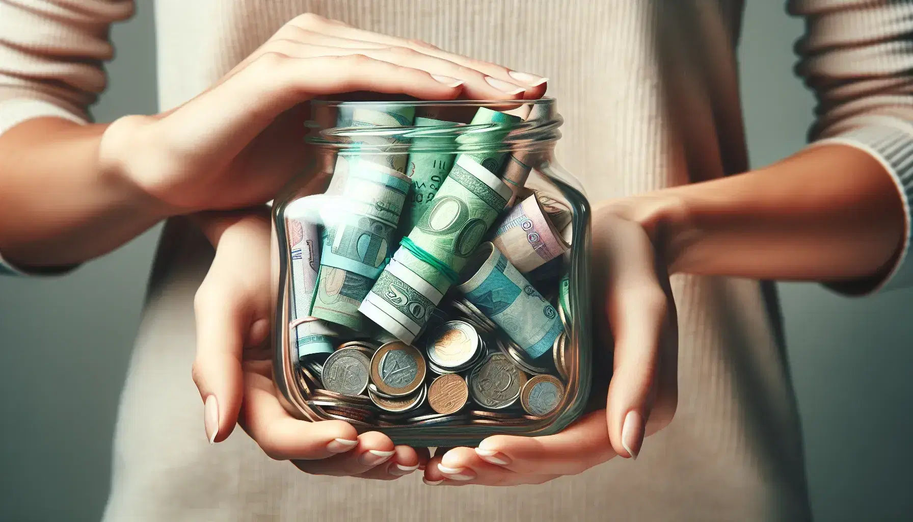 Close-up of beige hands cradling a glass jar filled with rolled and folded currency notes alongside scattered coins, against a soft-focus background.