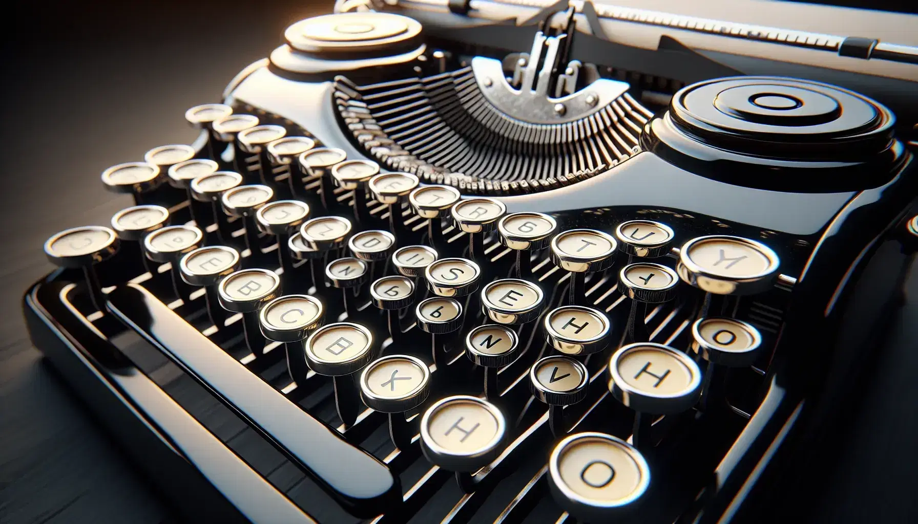 Close-up of a black vintage typewriter with ivory keys without characters, metal arms at rest and cylindrical roller on a blurred wooden background.