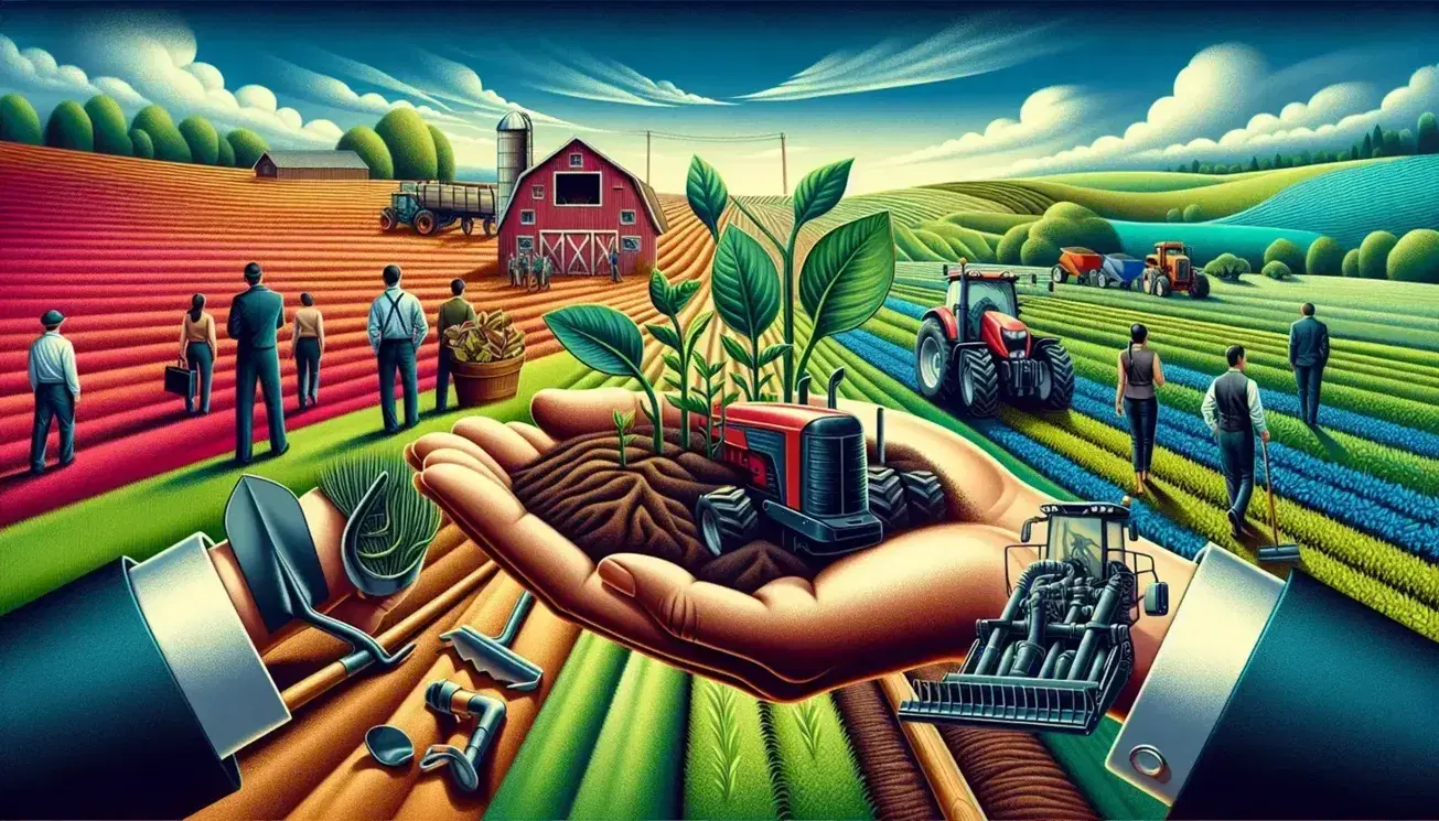 Manos con guantes de trabajo sostienen tierra fértil con brotes verdes, herramientas agrícolas apoyadas en un granero, tractor rojo y negro en campo cultivado y grupo de personas en conversación bajo cielo azul.