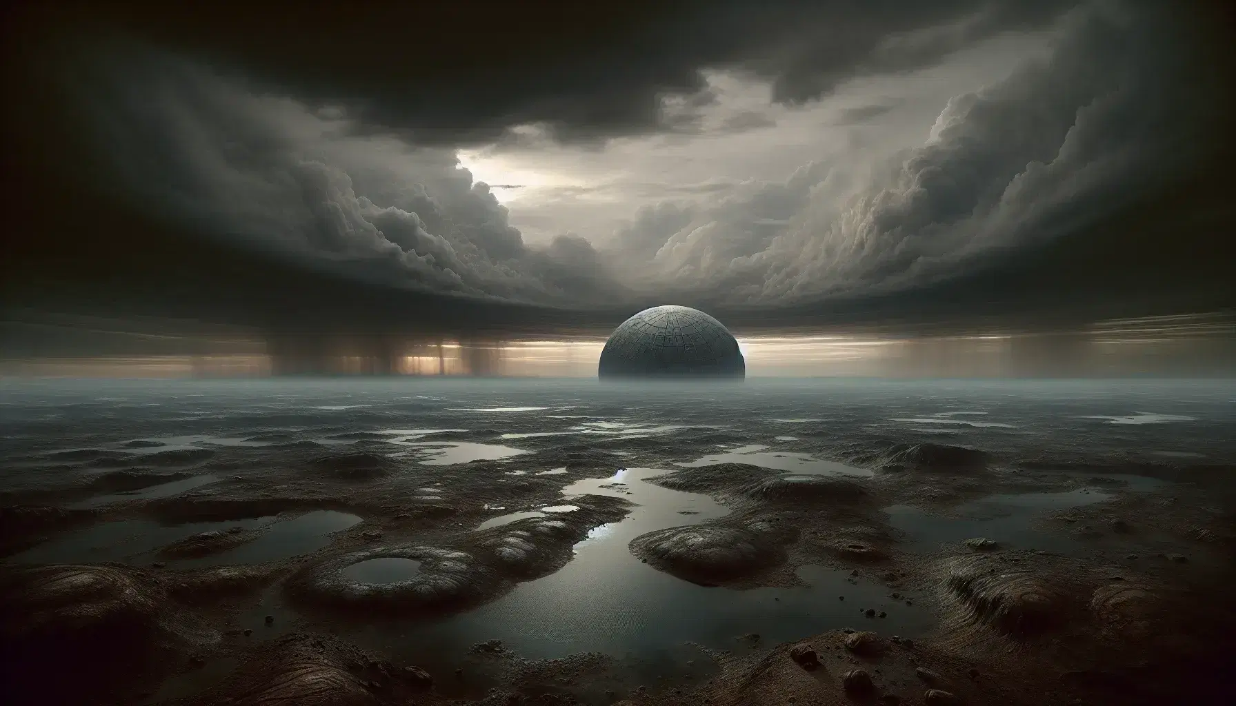 Paesaggio alieno con cielo grigio nuvoloso e terreno roccioso con pozze d'acqua, struttura semisferica danneggiata al centro.