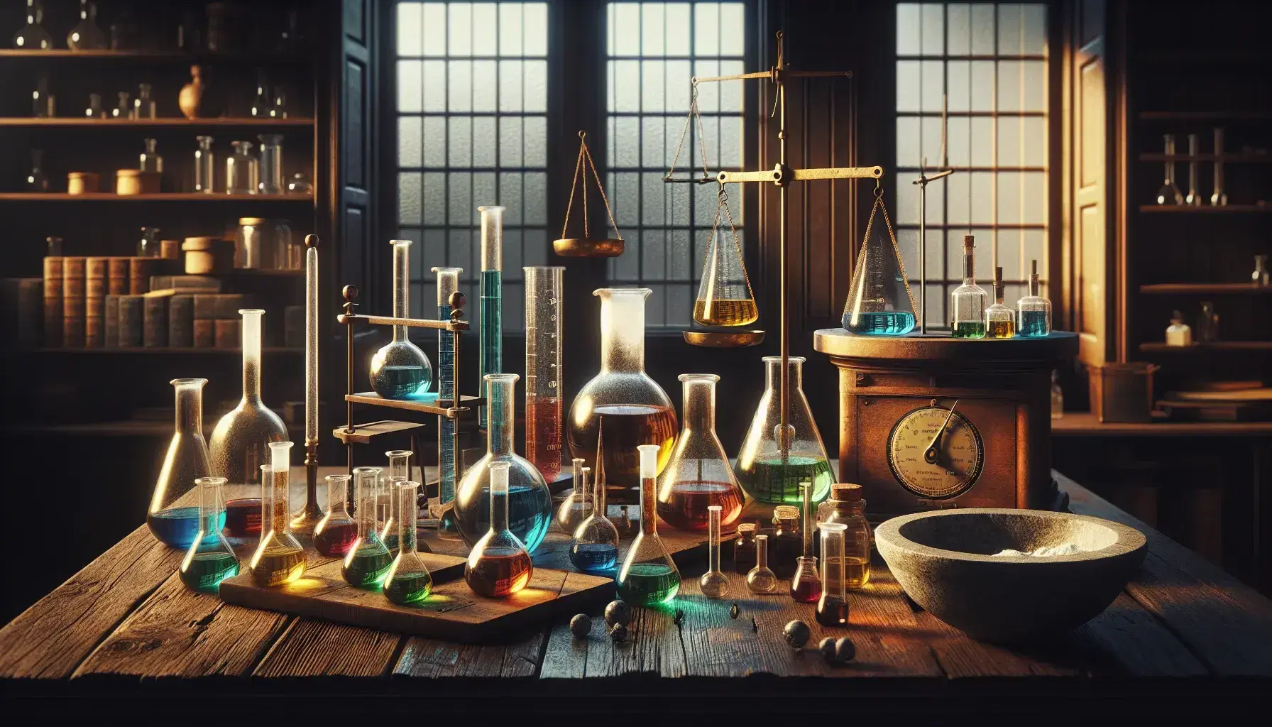 Laboratorio químico antiguo con instrumentos de vidrio, balanza de brazos y mortero, y frascos con líquidos y sólidos de colores bajo luz natural.