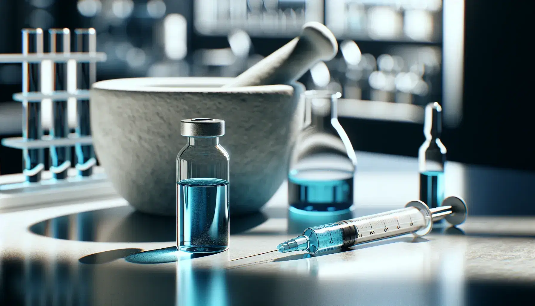 Close-up of a laboratory bench with sealed blue liquid vial, metal syringe, mortar with powder and transparent flask.