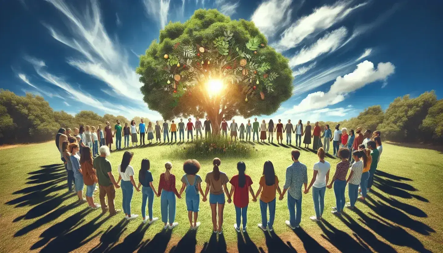 Grupo diverso de personas unidas de la mano en círculo alrededor de un árbol frondoso bajo un cielo azul, reflejando unidad y naturaleza.